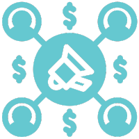 Teal megaphone icon surrounded by dollar signs, representing marketing and revenue