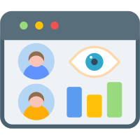 User analytics dashboard icon showing profiles, an eye symbol, and bar chart statistics.