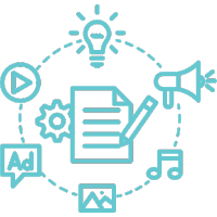 Digital marketing strategy icon with content, ads, email, video, and idea symbols