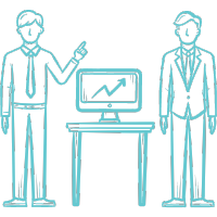 Two business professionals standing by a desk with a screen showing a growth chart