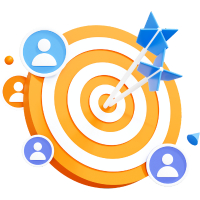 Target audience icon showing darts hitting a target with user profile symbols around it.
