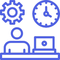 Work productivity icon showing a person at a desk with laptop, gear, and clock symbols.