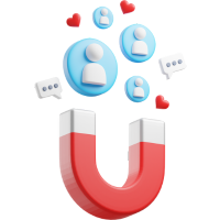 Customer attraction concept icon showing a magnet pulling user profiles, likes, and messages.