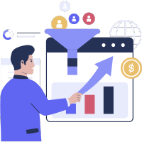 Data funnel and growth analytics illustration with person analysing charts and business metrics