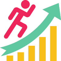 Business growth icon showing a person running upward along a rising bar chart and arrow.