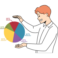 Illustration of a person presenting a pie chart showing data percentages and analysis results.