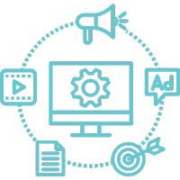 Digital marketing workflow icon with computer, megaphone, analytics, target, video, and documents