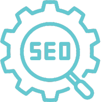 SEO optimization icon with magnifying glass and gear representing search engine optimization.