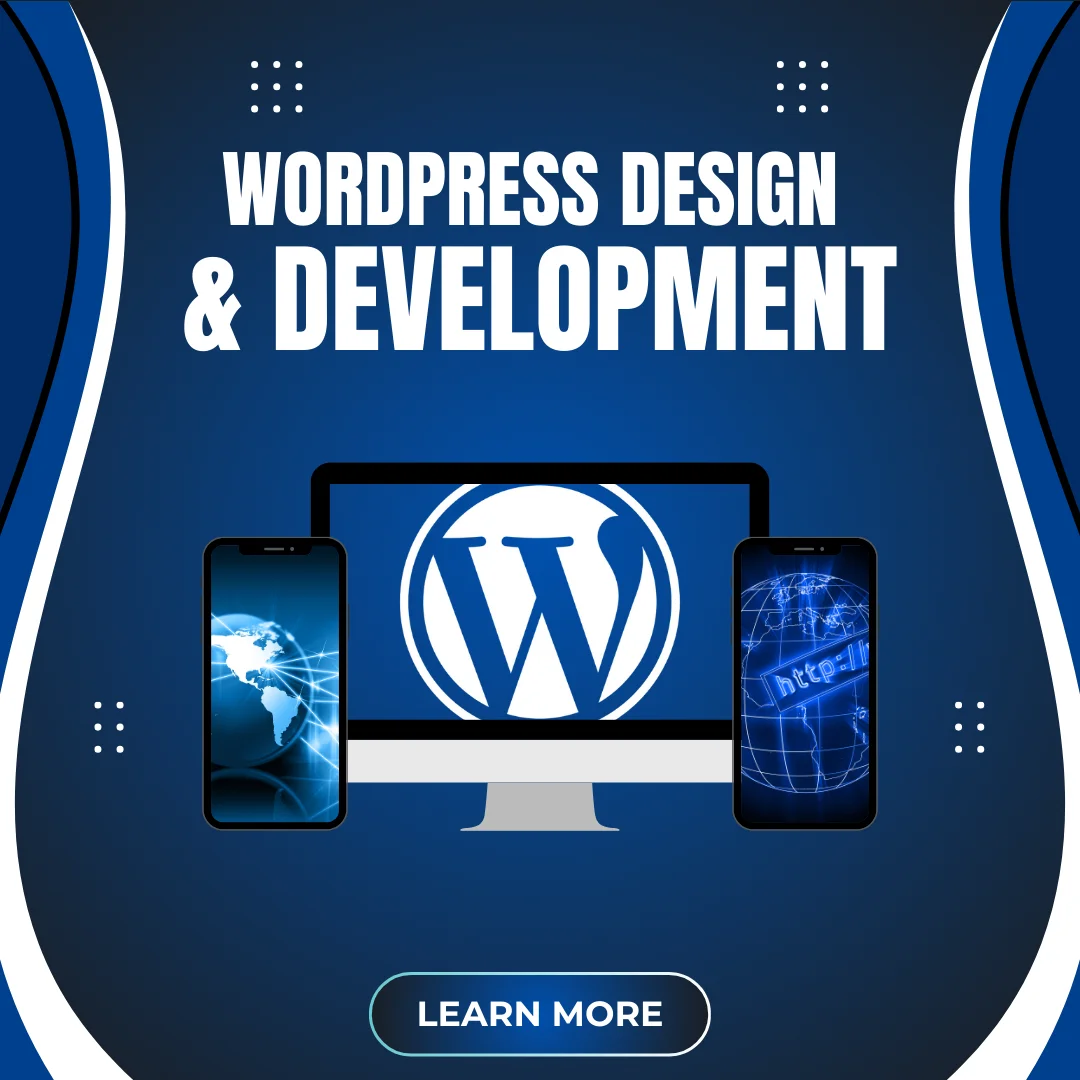 WordPress design and development services banner with responsive website and mobile devices