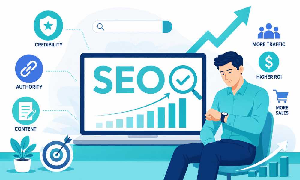 An SEO infographic featuring a laptop showing analytics charts and a man checking his wrist watch.