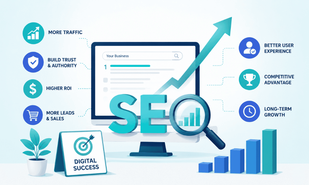 An SEO infographic featuring a desktop monitor, a growth arrow, and listed digital marketing benefits.