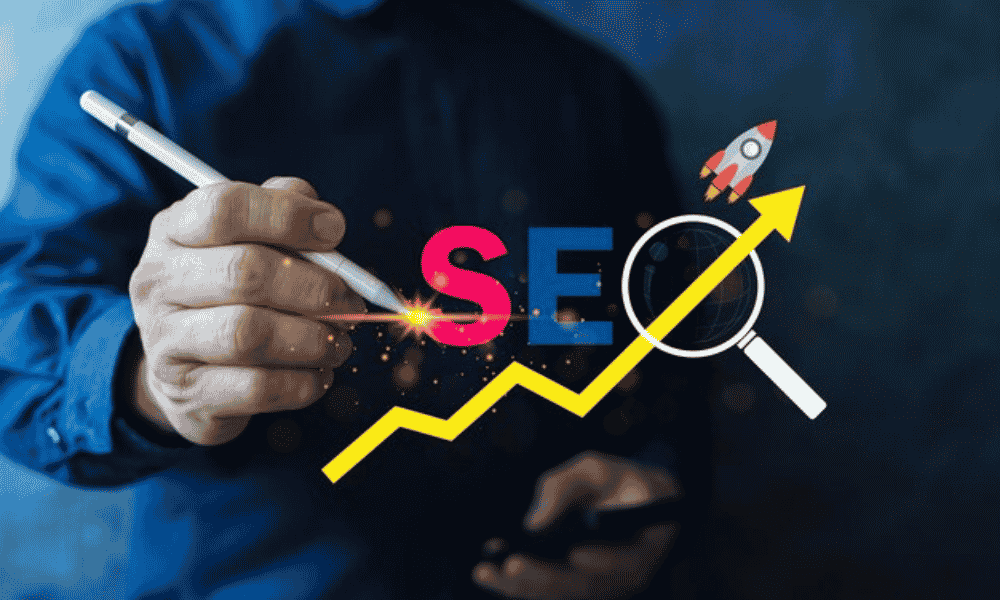 A person holding a pen with the word "SEO" and a yellow upward arrow graph, symbolizing growth, with a rocket icon.