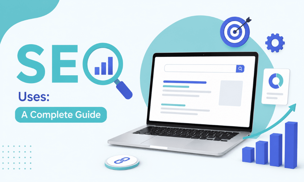 Modern SEO illustration with laptop, analytics charts, magnifying glass, and growth icons in blue tones