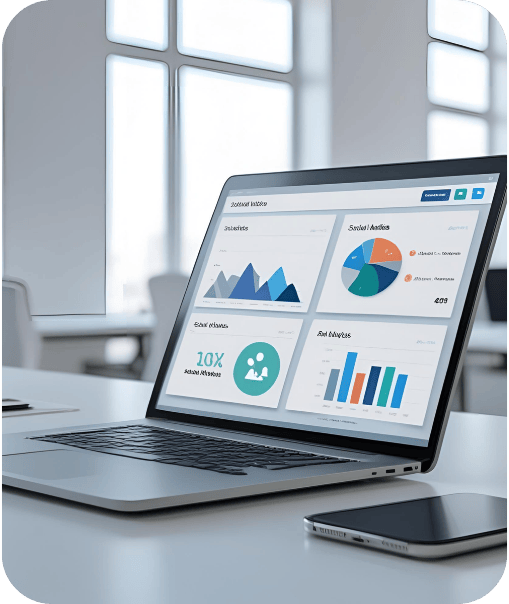 A laptop displaying various colorful data charts and graphs on its screen in an office setting.