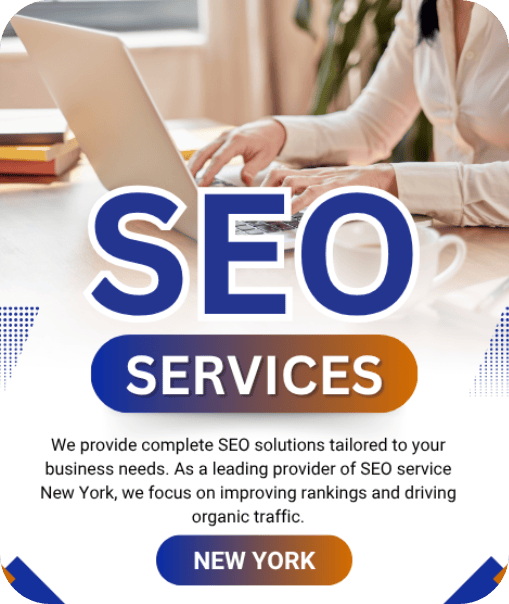 SEO specialist New York working on a laptop next to a coffee cup, with bold text advertising 'SEO Services'