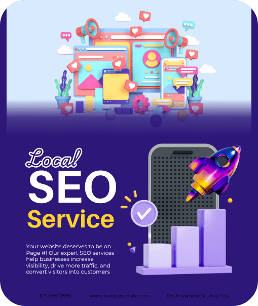 Illustration of a colorful digital marketing dashboard with a rocket and bar graph, promoting local SEO services.