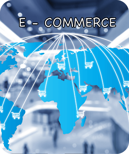 Blue map of the world with shopping cart icons and connecting lines, overlaid on a blurred mall background, with "E-COMMERCE" text at the top.