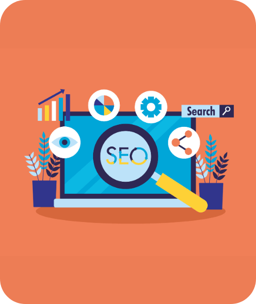Illustration of a laptop with a magnifying glass labeled "SEO" on the screen, surrounded by icons representing data and search navigation on an orange background.