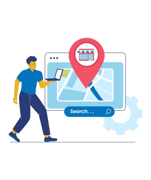 Illustration of a person holding a phone, standing beside a large computer screen displaying a map with a location pin and a search bar.