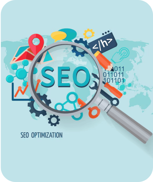 Magnifying glass over the word "SEO" surrounded by digital marketing icons on a world map background.