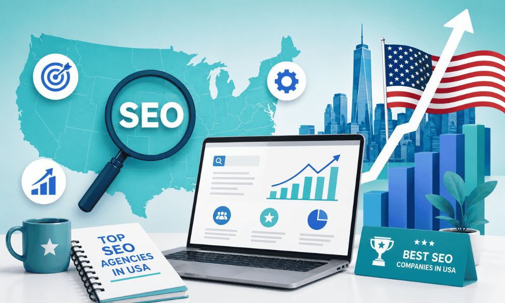 An infographic showing a laptop with SEO metrics, a US map, and the New York City skyline.