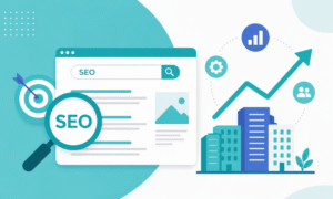 An SEO infographic showing a search interface with a magnifying glass next to growing city buildings.
