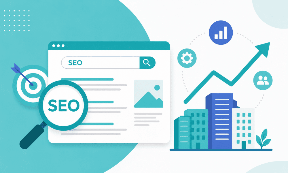 An SEO infographic showing a search interface with a magnifying glass next to growing city buildings.