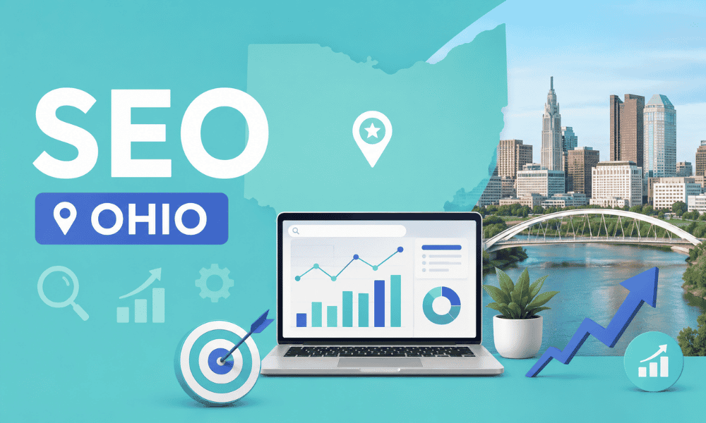 An image promoting SEO services in Ohio, featuring charts on a laptop and a Columbus skyline.