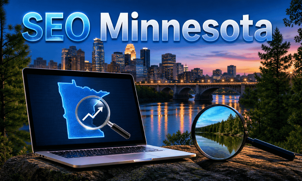 Laptop showing a map of Minnesota with SEO graphics, set against a Minneapolis cityscape at dusk with "SEO Minnesota" text.