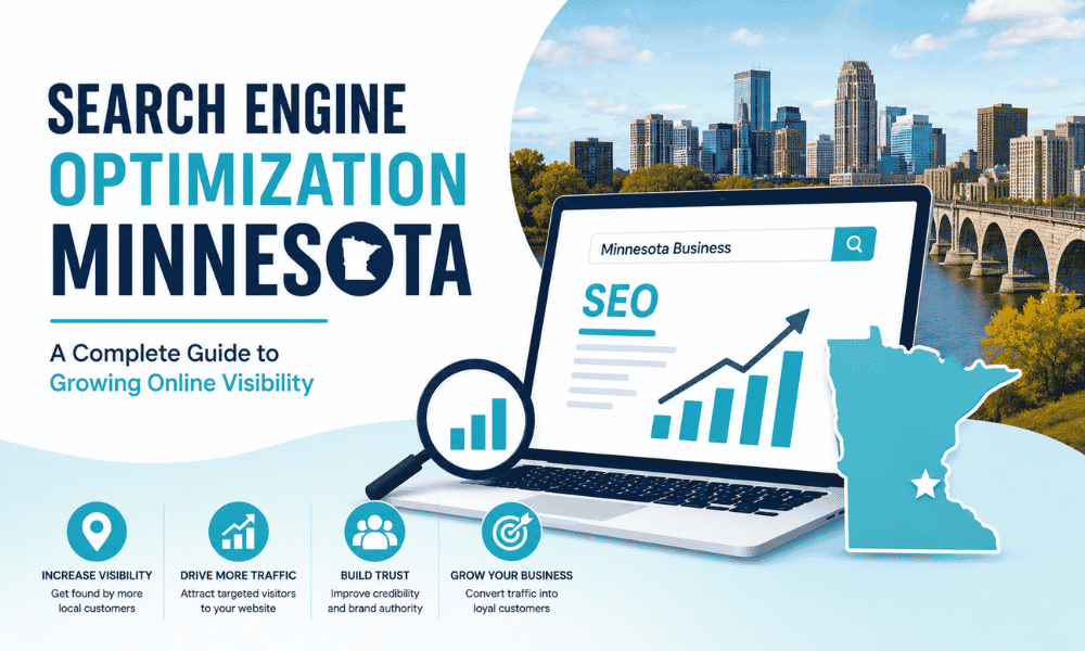 Minnesota SEO guide graphic featuring a laptop with growth charts and the Minneapolis skyline.
