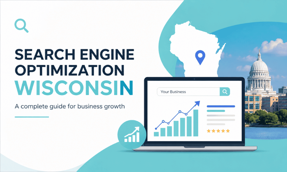 Wisconsin SEO guide graphic showing a laptop with business growth charts and the state capitol.