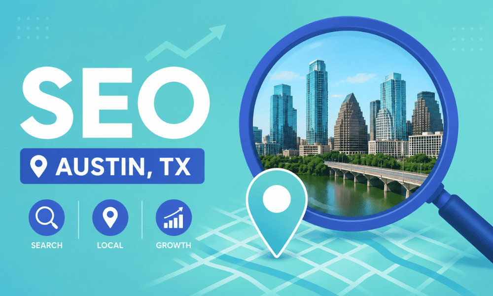 An SEO Austin, TX promotional graphic showing a magnifying glass focused on the city skyline.