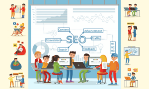 Illustration of a diverse group of people at a table with laptops discussing SEO, surrounded by related icons and graphs.