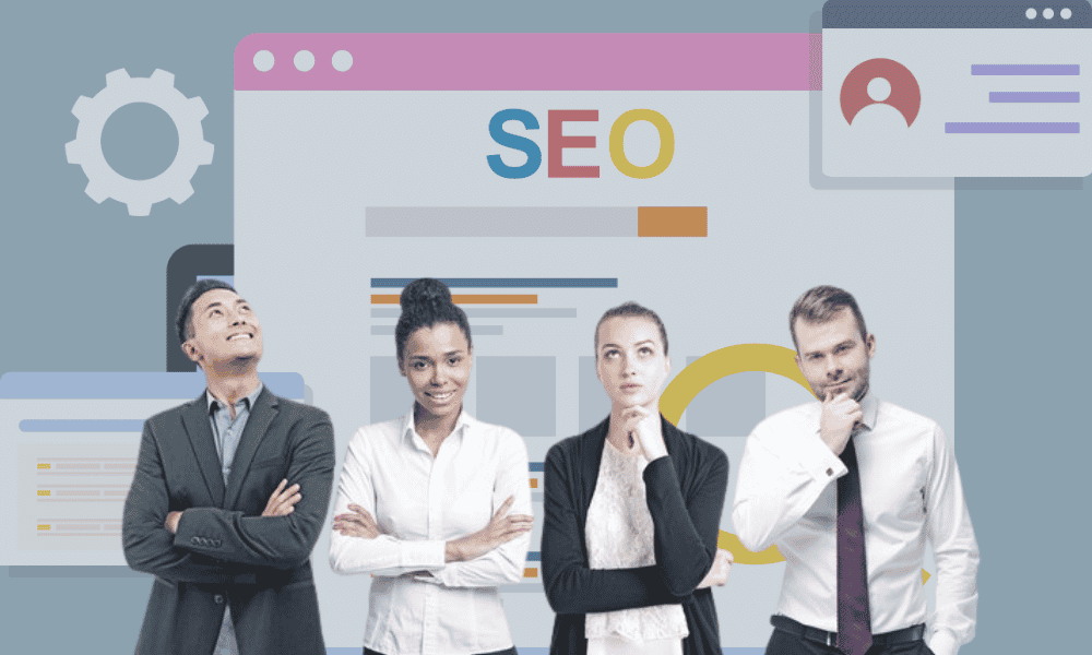 Illustration of people in a meeting room discussing SEO, with related terms representing Best SEO Companies in Austin