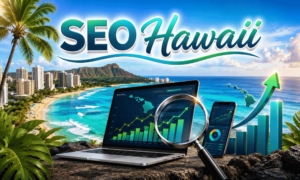 Collage image featuring 'SEO Hawaii' text, a laptop and smartphone showing graphs, set against a Hawaii beach backdrop.