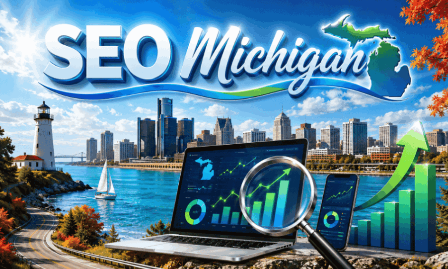 Illustration of "SEO Michigan" with a city skyline, lighthouse, sailboat, laptop, smartphone, and rising graph.