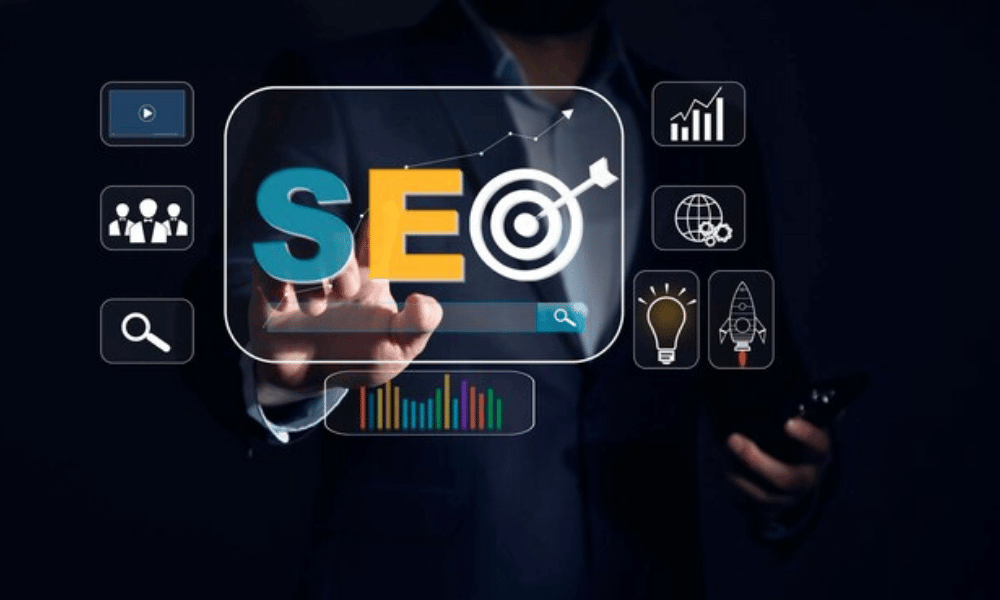 man touching the screen where SEO word is written