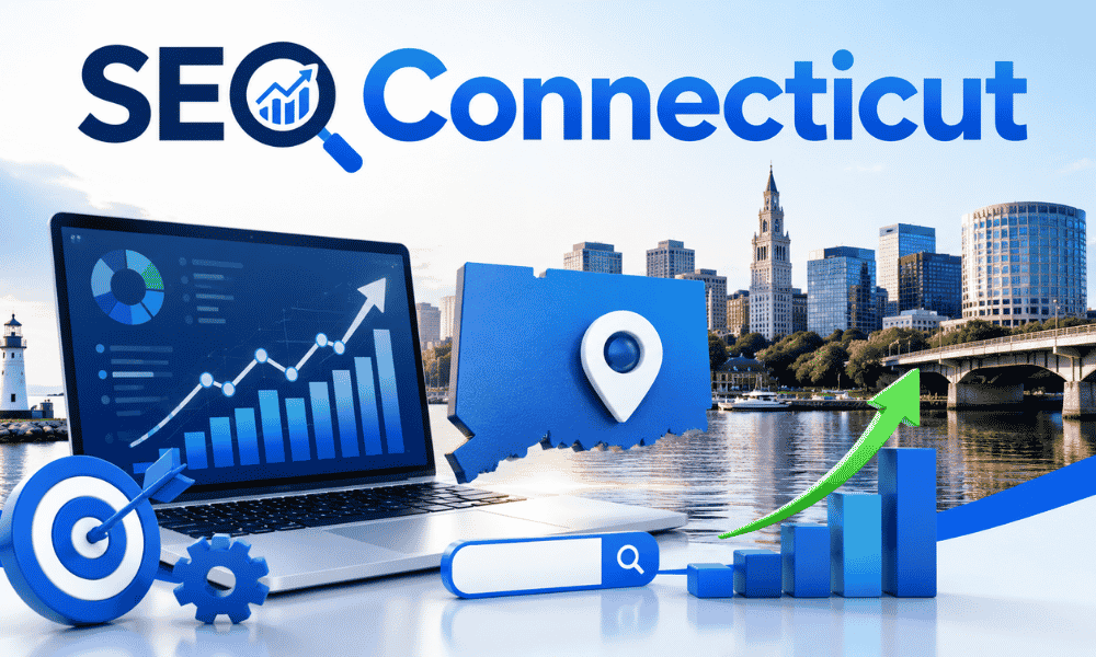 An image with the text "SEO Connecticut" featuring a laptop showing growth charts, a 3D map of Connecticut with a location pin, and a target.
