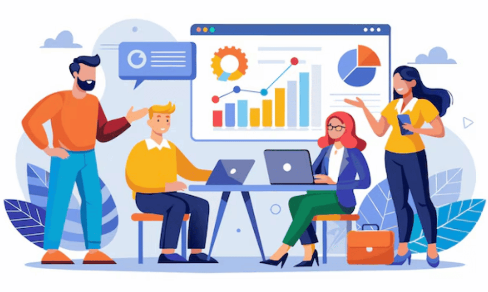A vecror representing people working and behind is illustration of graphs and data