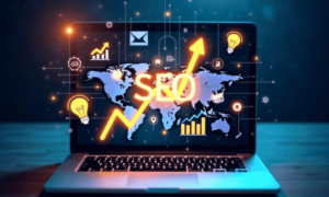 A laptop with screen on showing world map, illuminated SEO word and up going graph, showing an online busniness growth