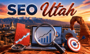 An image displaying the text "SEO Utah" over a scenic Utah landscape, featuring a laptop with data charts, a magnifying glass, a compass, and a target.