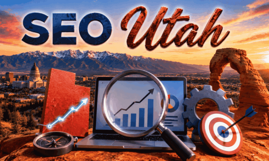 An image displaying the text "SEO Utah" over a scenic Utah landscape, featuring a laptop with data charts, a magnifying glass, a compass, and a target.