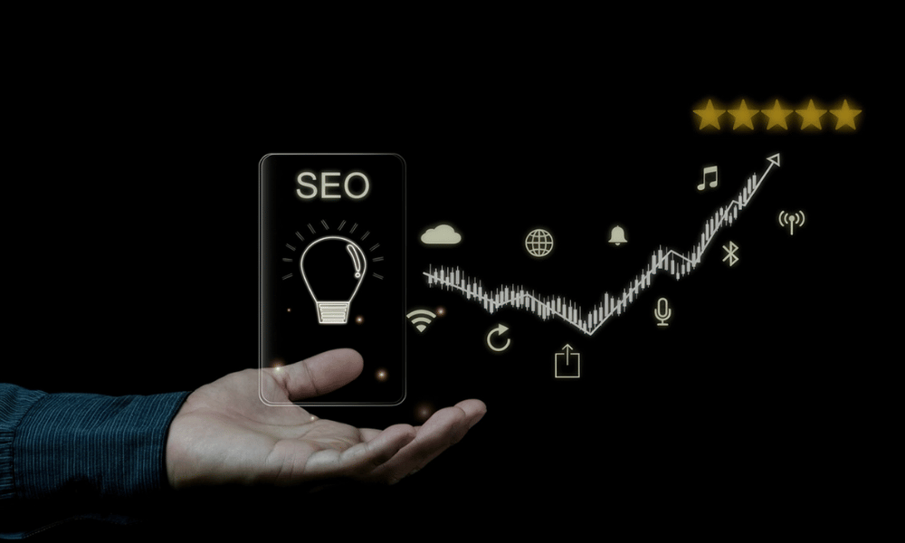 SEO, and graphical data is shown with a dark background
