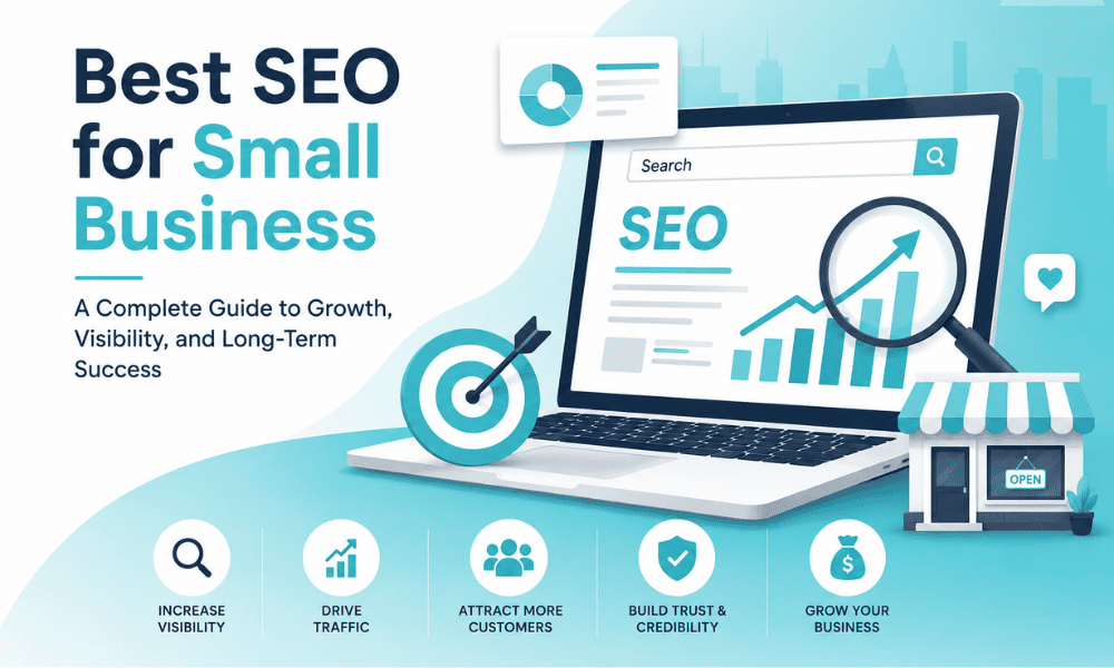 Small business SEO guide graphic featuring a laptop with metrics and a storefront icon.
