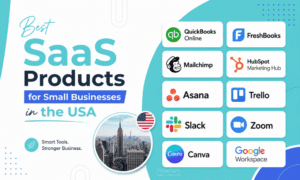 An infographic titled "Best SaaS Products for Small Businesses in the USA" featuring logos of popular software tools like QuickBooks, Mailchimp, Asana, Slack, Canva, and Google Workspace next to a circular image of the New York City skyline.