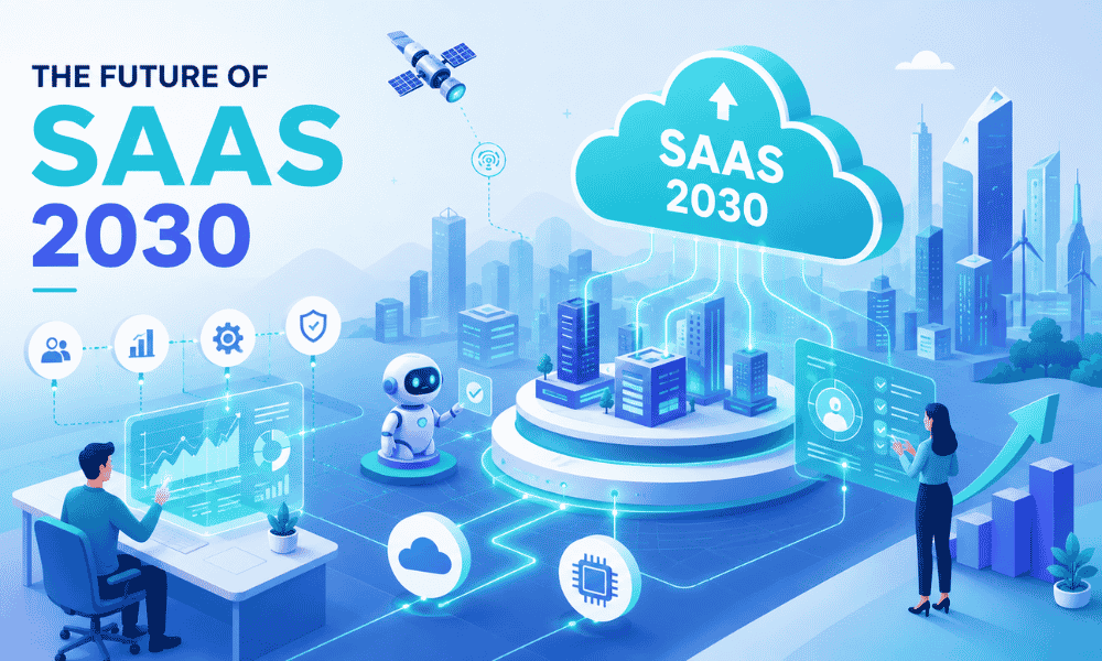 A futuristic blue-toned illustration titled "The Future of SaaS 2030" depicting professionals interacting with holographic interfaces, an AI robot, and a central server hub connected to a digital cloud labeled "SaaS 2030.