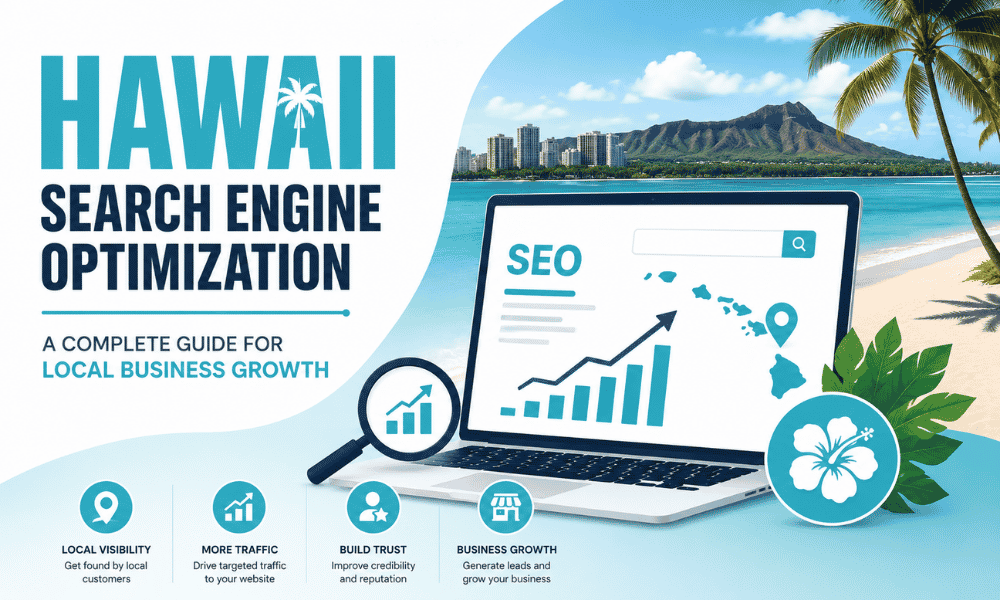 Hawaii SEO guide graphic featuring a laptop with growth charts and a Honolulu beach skyline.