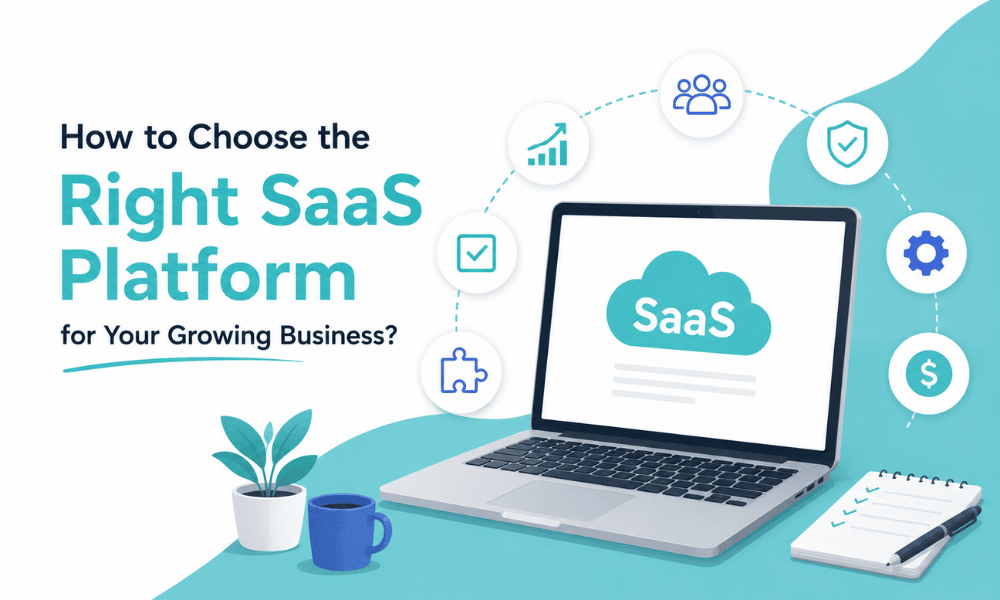 Infographic guide on choosing the right SaaS platform featuring a laptop with cloud icons.