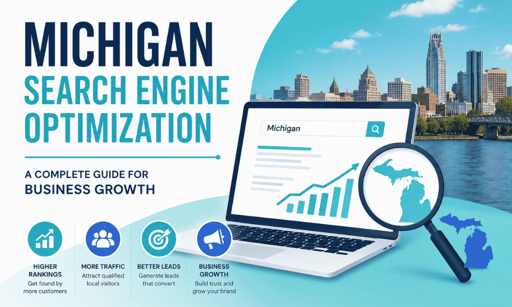 Michigan SEO guide graphic featuring a laptop with growth charts and the Detroit skyline.