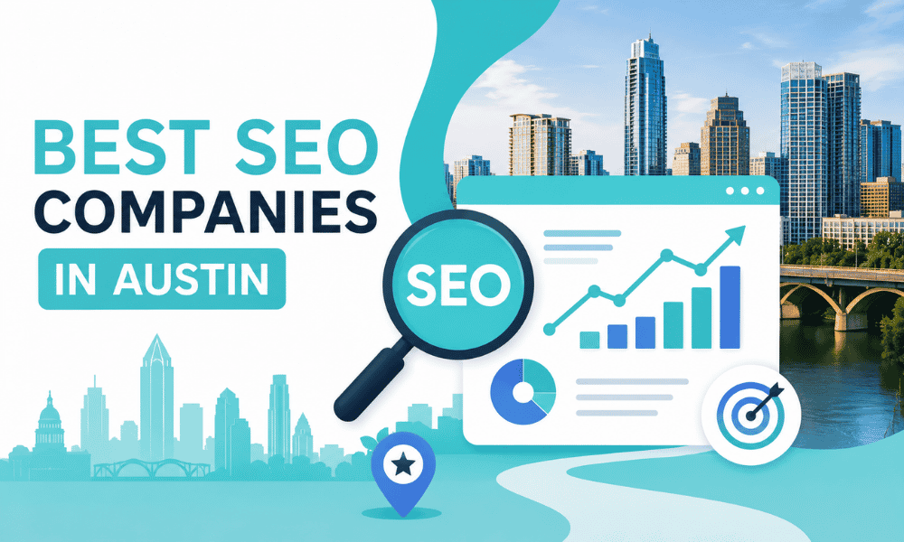 Graphic for best SEO companies in Austin showing analytics charts and the city skyline.